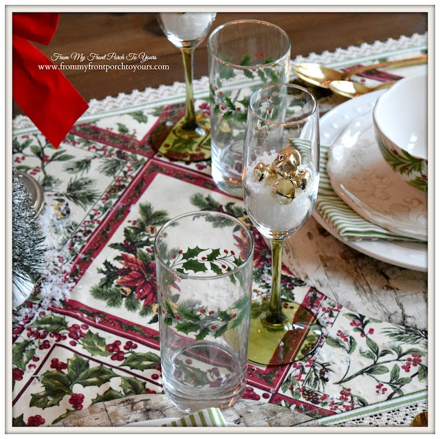 Farmhouse Christmas Dining Room- Christmas Tablescape-Holly Glasses-From My Front Porch To Yours