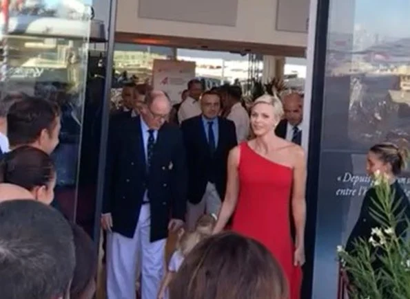 Prince Albert, Princess Charlene, Princess Gabriella and Prince Jacques. Princess Charlene wore Roland Mouret one shoulder silk dress