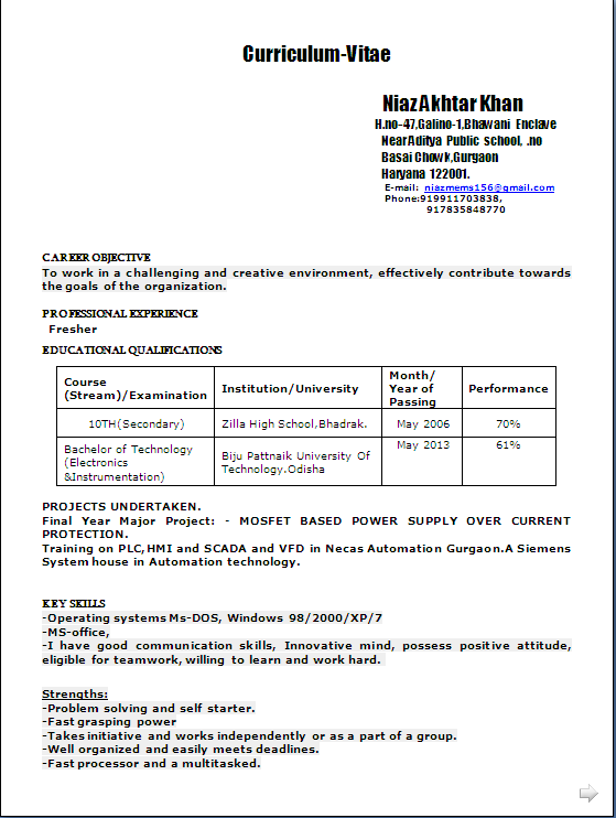 Resume samples for btech freshers download