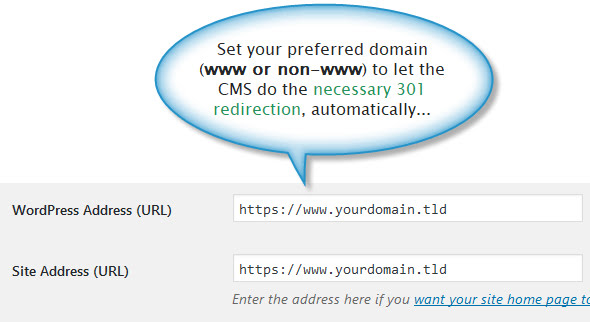 Preferred domain settings within WordPress dashboard