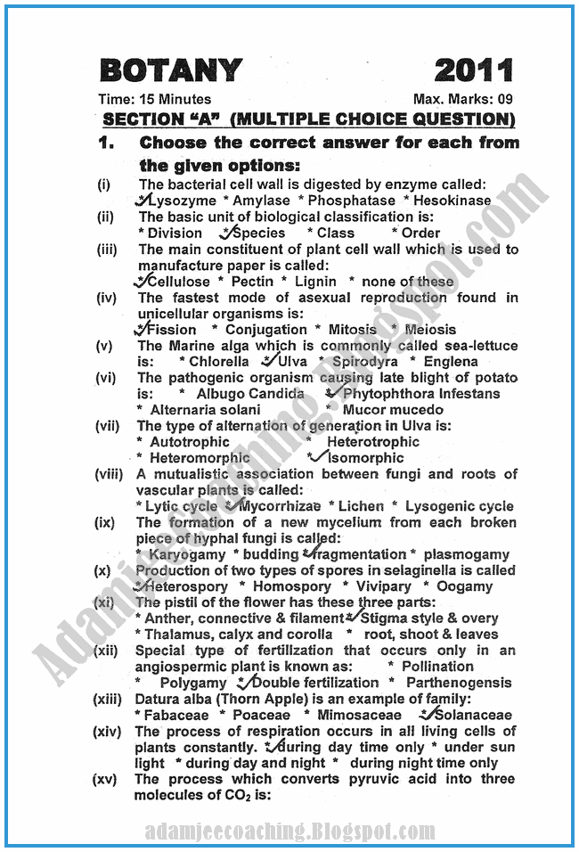 Adamjee Coaching Botany 2011 Past Year Paper Class XI