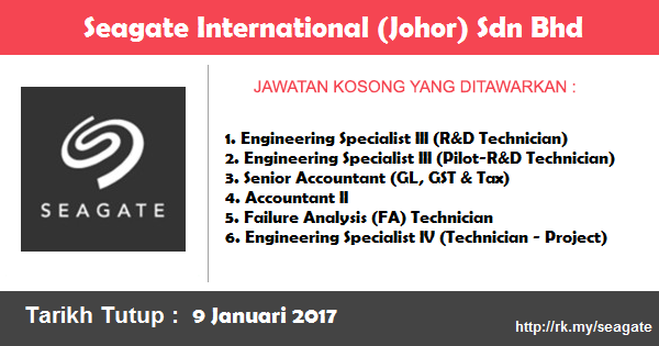 Jawatan Kosong di Seagate International (Johor) Sdn Bhd Jawatan Kosong di Seagate International (Johor) Sdn Bhd