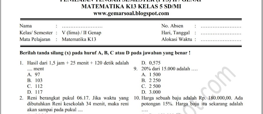 Kunci Jawaban Matematika Kelas 5 Kurikulum 2013 Semester 1 Gudang Kunci