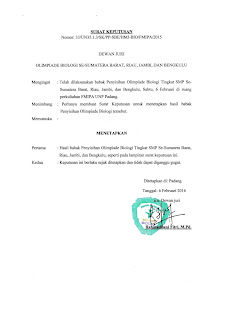 Hasil Babak Penyisihan Olimpiade Biologi Tingkat SMP Se-Sumatera Barat, Riau, Jambi, dan Bengkulu 2016