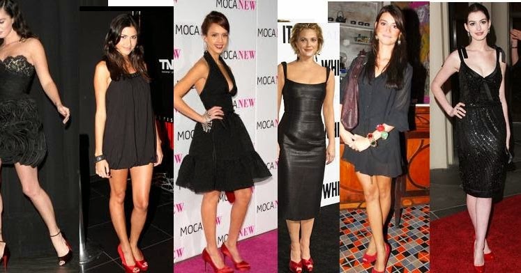 vestido preto com sandalia vermelha