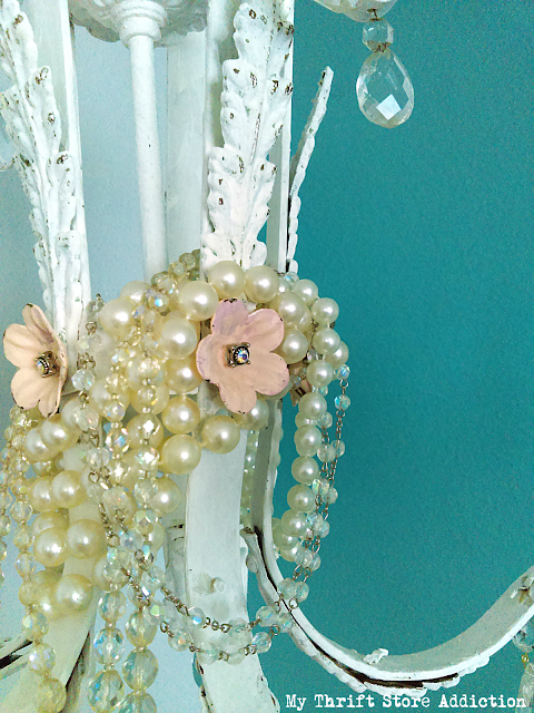 How to dress up a chandelier with estate sale jewelry to create a fabulous shabby chic look! chandelier upcycle