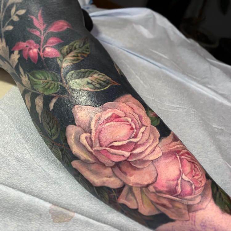 Stunning Flower Tattoos With Black Backgrounds Transform Arms And Legs Into Beautiful Artworks