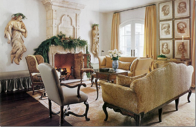 French country Christmas decor in a lovely living room with neutrals and French stone mantel. Pamela Pierce Designs.