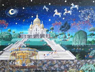 Giostra a Montmartre https://www.latelierdannapia.com/ giostra a Montmartre cavalli quadro acrilico su tela, onirico poetico surrealista