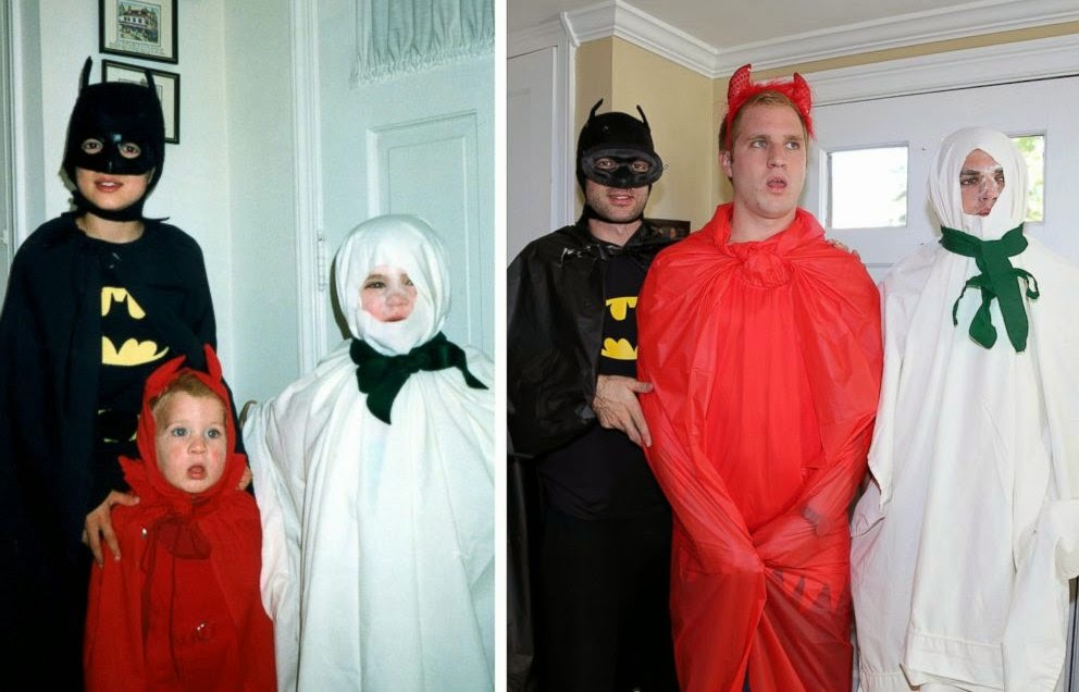 Watch Brothers Recreate their Childhood Photos as Christmas gift for Mom via geniushowto.blogspot.com recreating the epic scene of Macmillan brothers as batman, devil boy and ghost of christmas