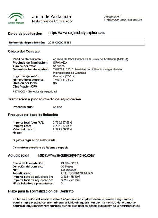 ADJUDICACIÓN: Servicios de vigilancia y seguridad del Metropolitano de Granada 3.755.277,93€