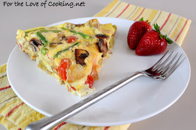 frittata with asparagus, bacon, asiago, potatoes, and caramelized onions & mushrooms
