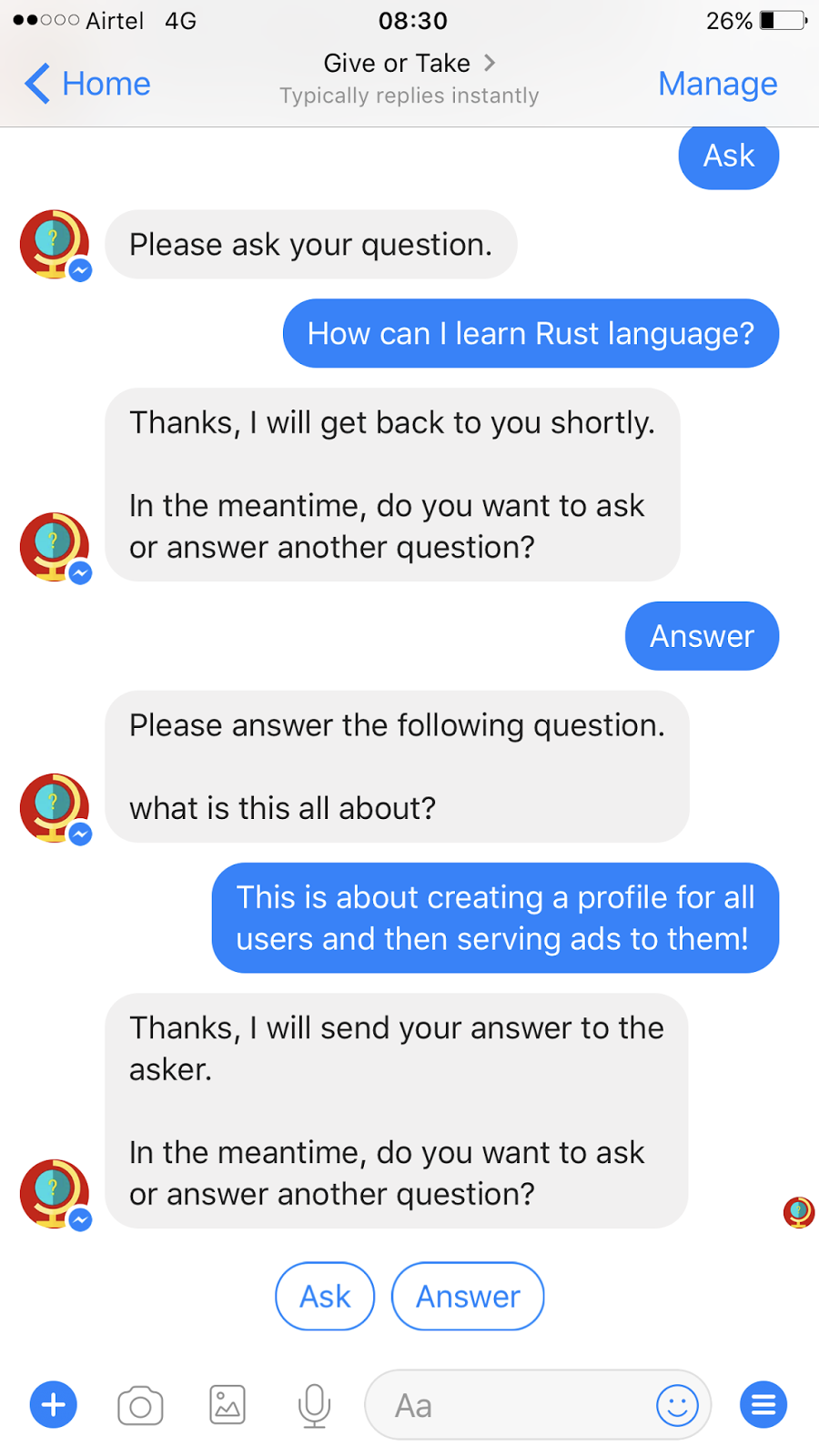 Facebook chat bot allows anonymous people to ask and answer questions Sundeep Machado