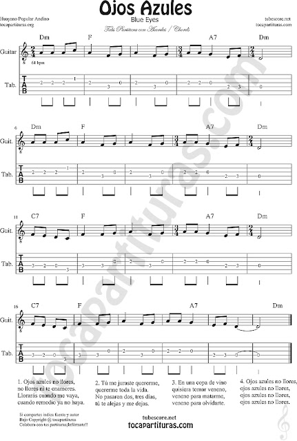  Guitarra Tablatura y Partitura de Ojos Azules Punteo Tablature Sheet Music for Violin Tabs Music Scores Fingering Tab
