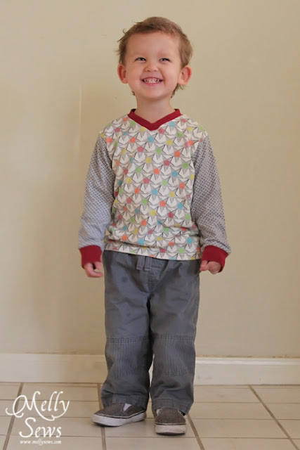 Vintage V Neck (pattern by Blank Slate Patterns) in custom knit - so adorable on this toddler! Melly Sews