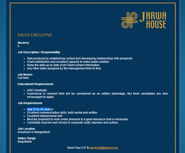 New Jarwa House Position Sales Executive Jobs Circular