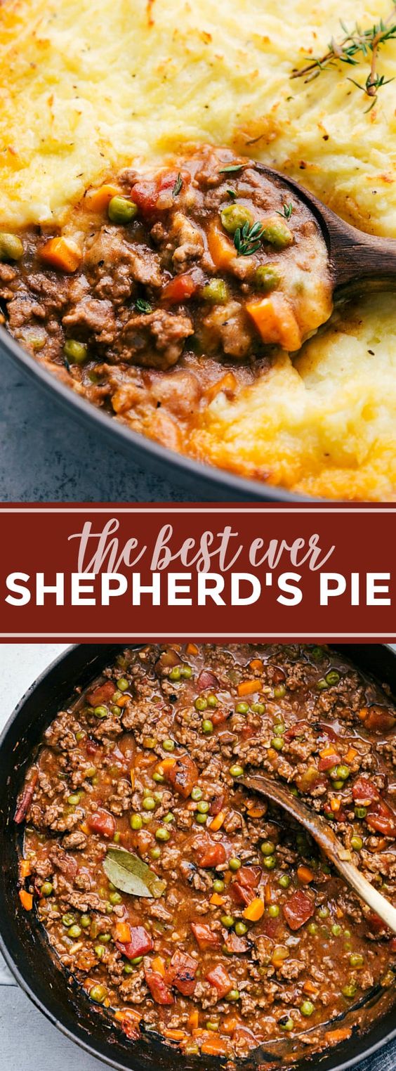 The ultimate BEST EVER Shepherd's Pie! A delicious and simple dinner! via chelseasmessyapron.com (try with Yukon gold and russet potatoes like she says; don’t use grape juice because it is too sweet try 1/4 cup wine and 1/4 cup chicken broth to lighten it and could up to 1/2 cup wine if not too strong, don’t use cast iron skillet because it will overflow, don’t go over on liquids, add enough flour to take away the shine on the meat, cw)