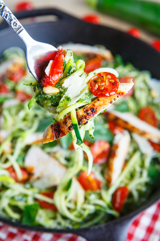 Pesto Zucchini Noodles with Roasted Tomatoes and Grilled Chicken Pesto Zucchini Noodles with Roasted Tomatoes and Grilled Chicken
