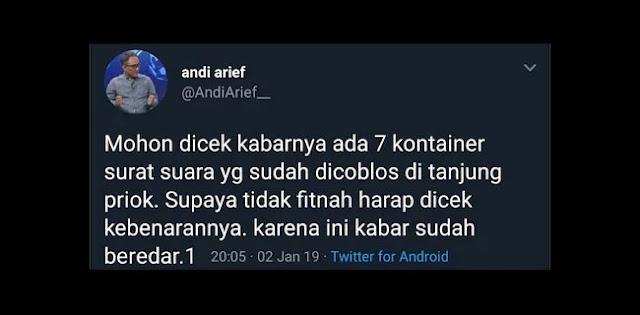 Andi Arief Hapus Twit tentang Warning Tujuh Kontainer Surat Suara Tercoblos Andi Arief Hapus Twit tentang Warning Tujuh Kontainer Surat Suara Tercoblos