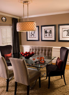 Contemporary Dining Room Decorating Ideas for References Fluffy Brown Sofas in the Simple Dining Room Decorating Ideas with Glass Table and Wide Lamp