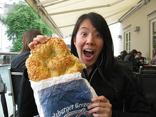 Giant cheese covered pretzel-shaped bread. It looked much better than it tasted unfortunately.