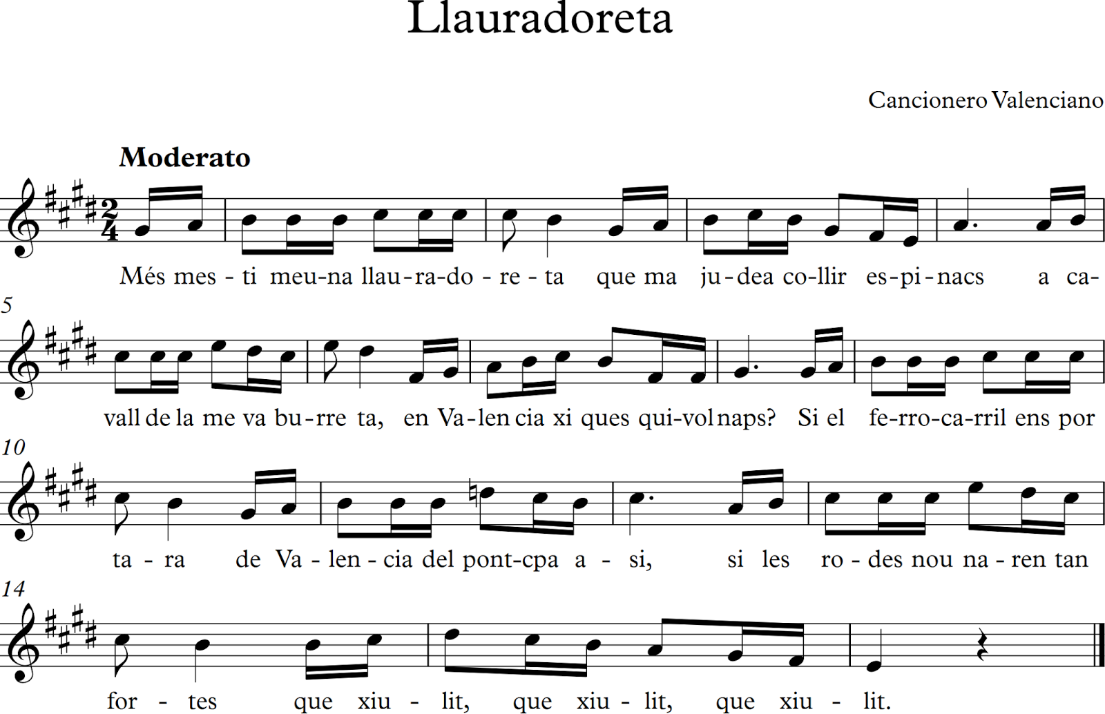 Canción Tradicional Valenciana. Partitura para flauta