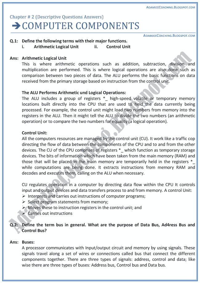 Adamjee Coaching Computer Components Descriptive Question Answers