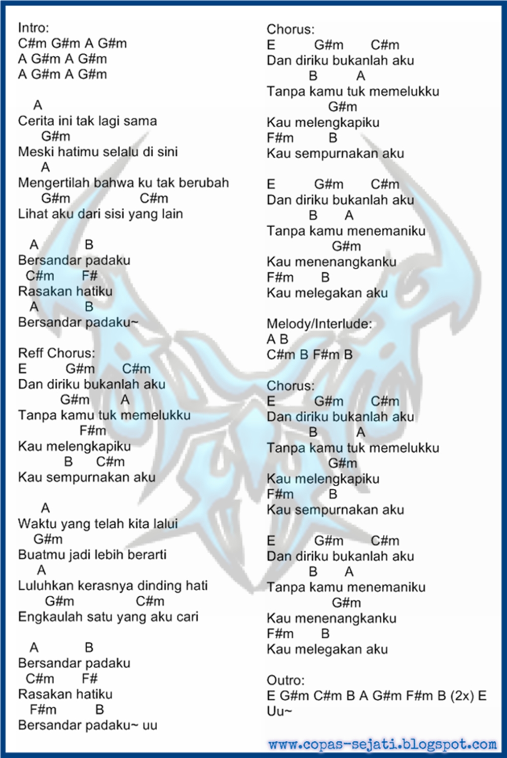 KUNCI GITAR / CHORD & LIRIK LAGU NOAH TAK LAGI SAMA KUNCI GITAR / CHORD & LIRIK LAGU NOAH TAK LAGI SAMA