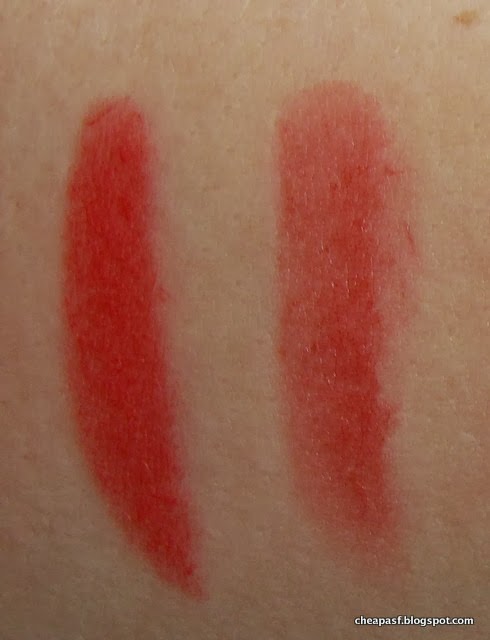 Swatches of Revlon Colorburst Matte Balm  in Striking and Revlon Just Bitten Kissable  Balm Stain in Romantic