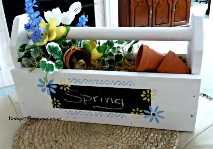 Toolbox to Spring Centerpiece - chalkpaint toolbox with chalkboard and stenciling