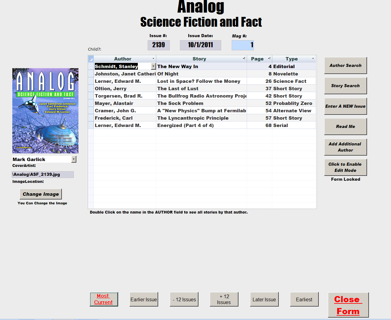 Casual Observations Science Fiction Database Screen Shots