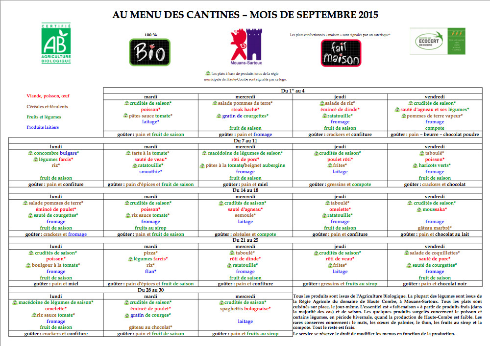 Aimé Legall sur la Toile: Menus de Septembre