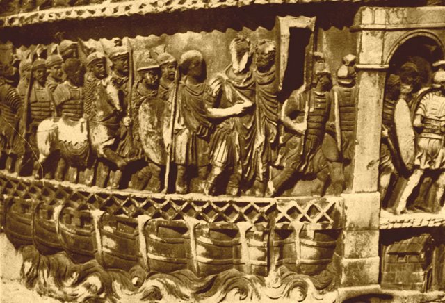 Roman legionaries crossing the ship bridge across the Danube during the Marcomanni Wars of Marcus Aurelius