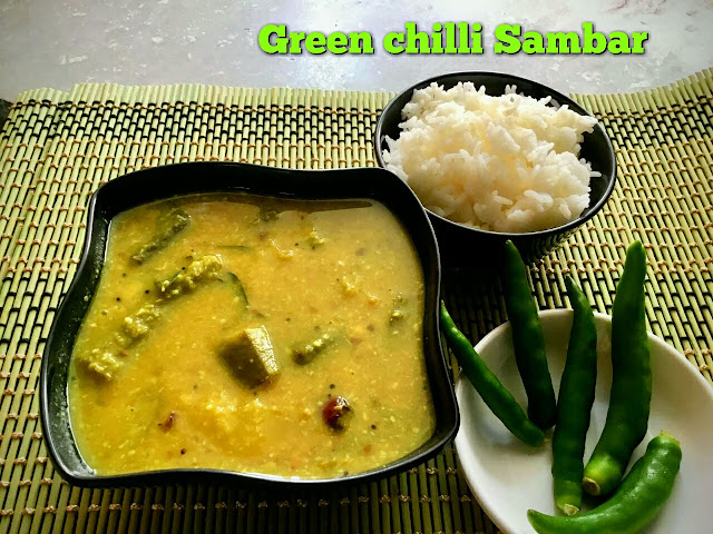 Pacha Milaga Sambar | Green Chilly Sambar - 2 Pacha Milaga Sambar - Green Chilli Sambar with step by step instructions - Sambar withour sambar powder - Sambar for lunch - Sambars are prepared in different ways. They may be prepared by using different kinds of vegetables with different methods. This Pachai milaga sambar is also different Sambar without any sambar powder. Yes, for this sambar there is no need for any powders except the turmeric powder.