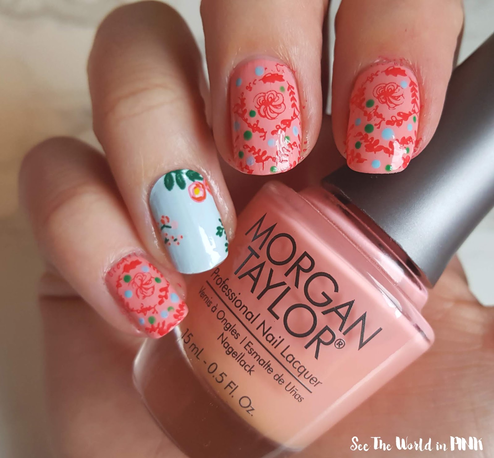 Manicure Monday - Eclectic Coral Stamped Floral Nails