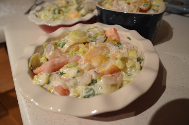Fish and Leek pie filling ready for pastry lid