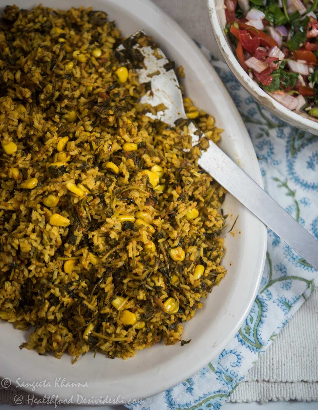 fenugreek and dill curried rice with sweet corn soya methi wali tahiri