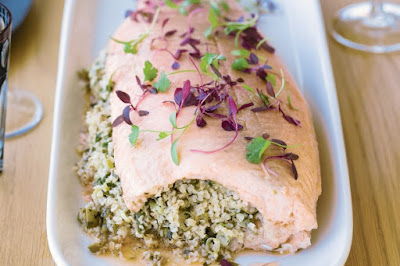 Barbecued whole salmon with cracked wheat stuffing and coriander cream meal ideas Barbecued whole salmon with cracked wheat stuffing and coriander cream meal ideas