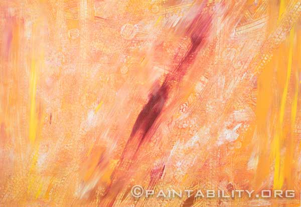 abstract painting done in oranges with a vertical streak of red in the middle