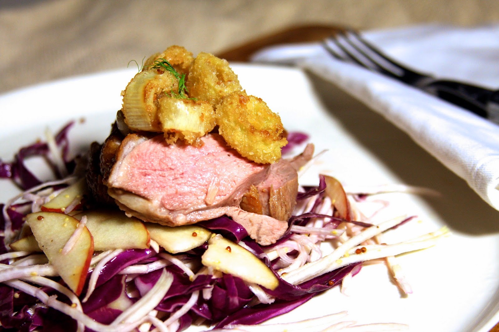 Duck breast, celeriac slaw, leek rings Chic & Salt