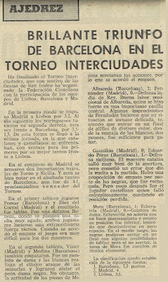 Recorte de prensa española sobre el Torneo de Ajedrez Internacional Interciudades Barcelona-Lisboa-Madrid 1971