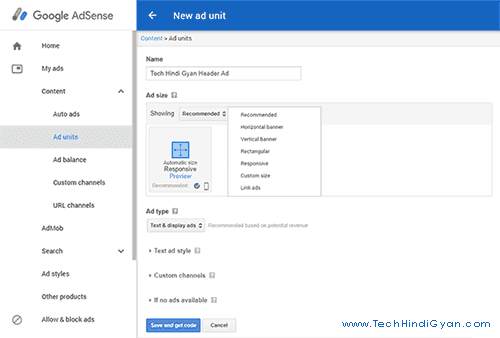 Select Your Ad Type, And Fill Name of Ad, and Save AdSense Ad Unit कैसे बनाये ? अपने Website / Blog पर कैसे लगाये