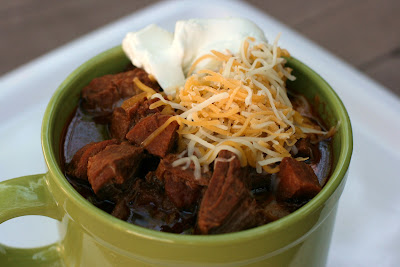 Meat Lover's Chili Recipe: there's NO beans in this one! Stew meat, smoked andouille sausage, tomatoes, garlic, onion, cumin