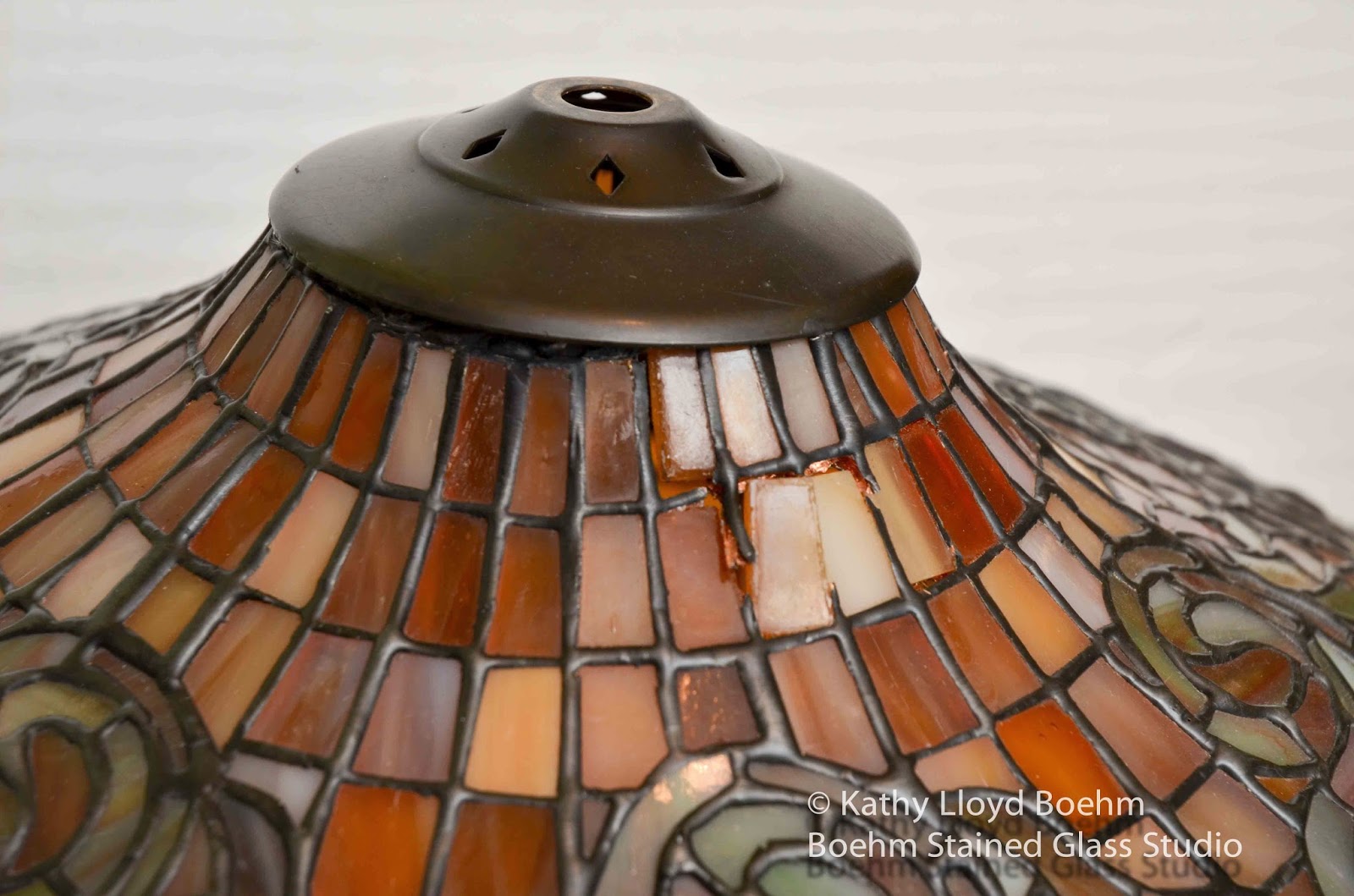 Boehm Stained Glass Blog Cap repair to Stained Glass Lamp