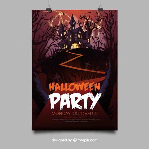 Halloween party poster with castle Free Vector