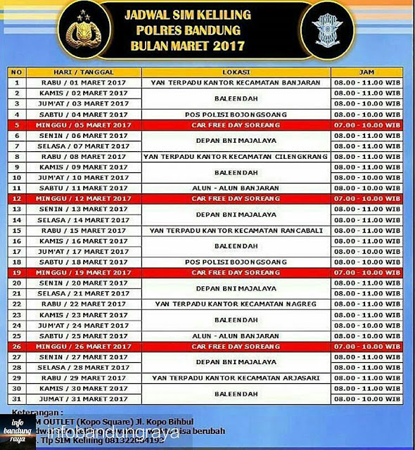 Jadwal Pelayanan SIM dan SKCK Keliling Polres Bandung (Wilayah Kabupaten Bandung) Maret 2017 Jadwal Pelayanan SIM dan SKCK Keliling Polres Bandung (Wilayah Kabupaten Bandung) Maret 2017