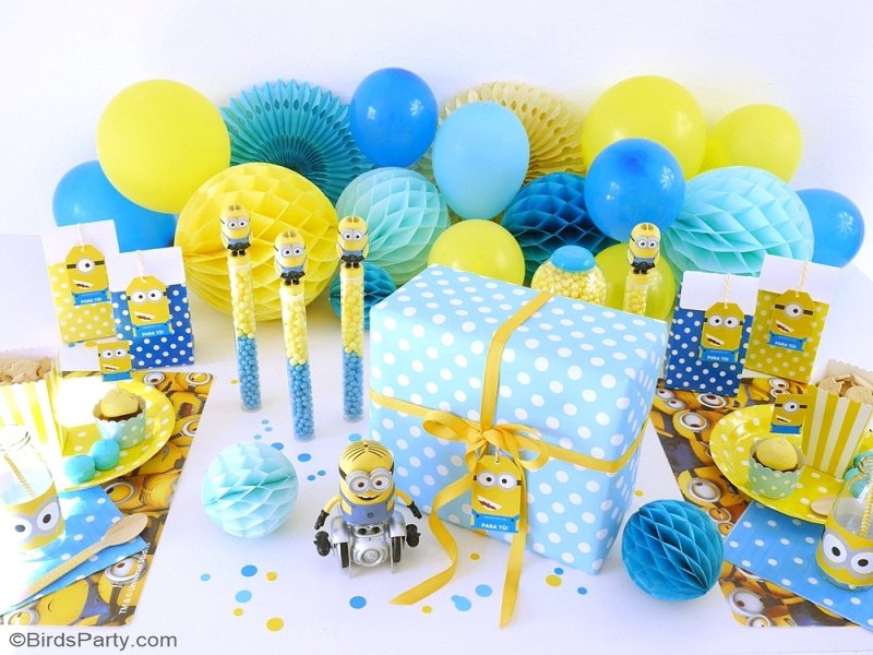 Minion Inspired Party Ideas & FREE Printables - birthday DIY decorations, gift ideas, food, favors and freebie decorations for your  celebrations! by BIrdsParty.com @birdsparty #minion #minionpartyideas #minionparty #minionbirthday #giftideasminion #minionfreeprintables