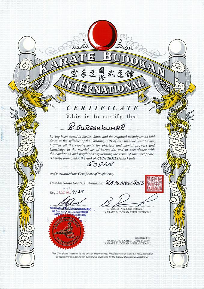 Karate Budokan International Renshi.R.SURESHKUMAR Black Belt 5th DAN KBI, Chief Instructor