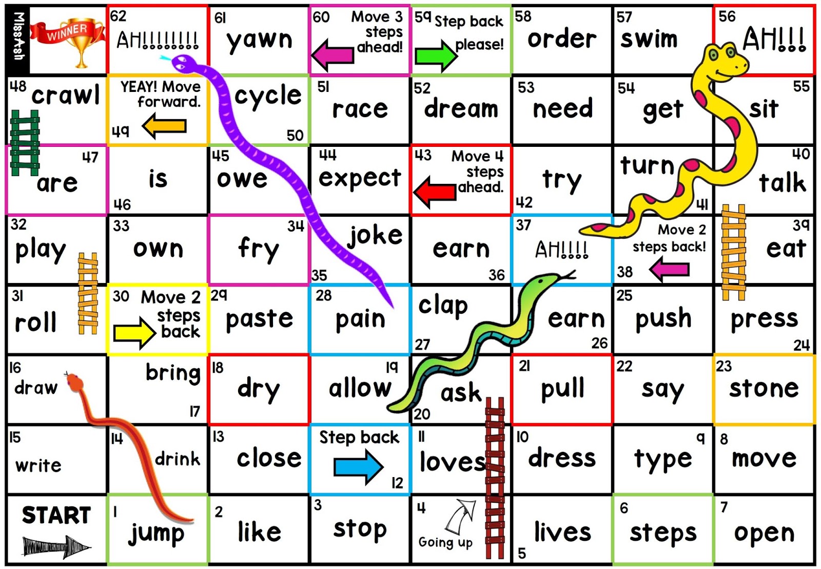 ASH THE TEACHER SNAKE AND LADDER Word Work