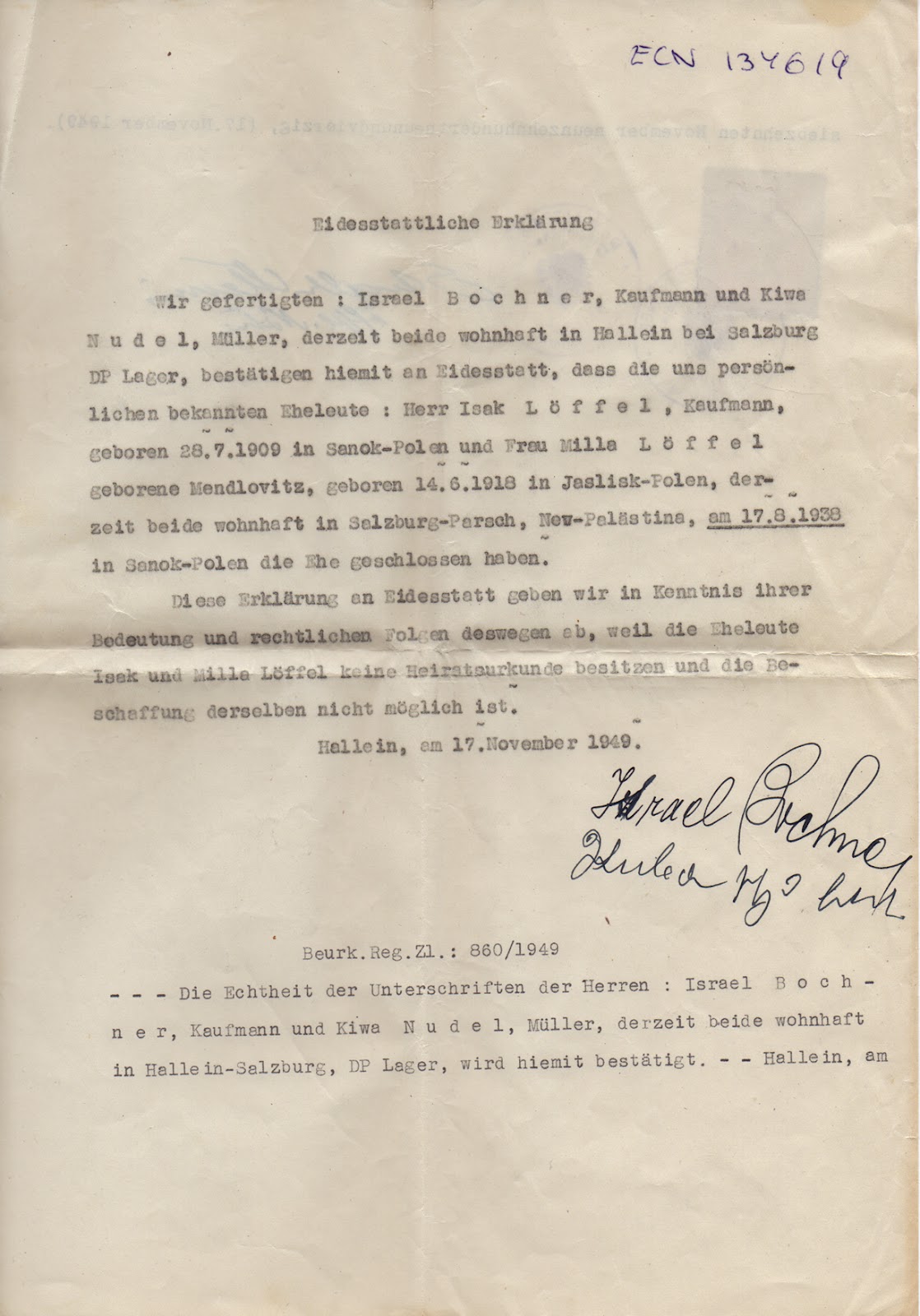 Eva In Our Hearts Sworn Declaration of Marriage, November 17, 1949